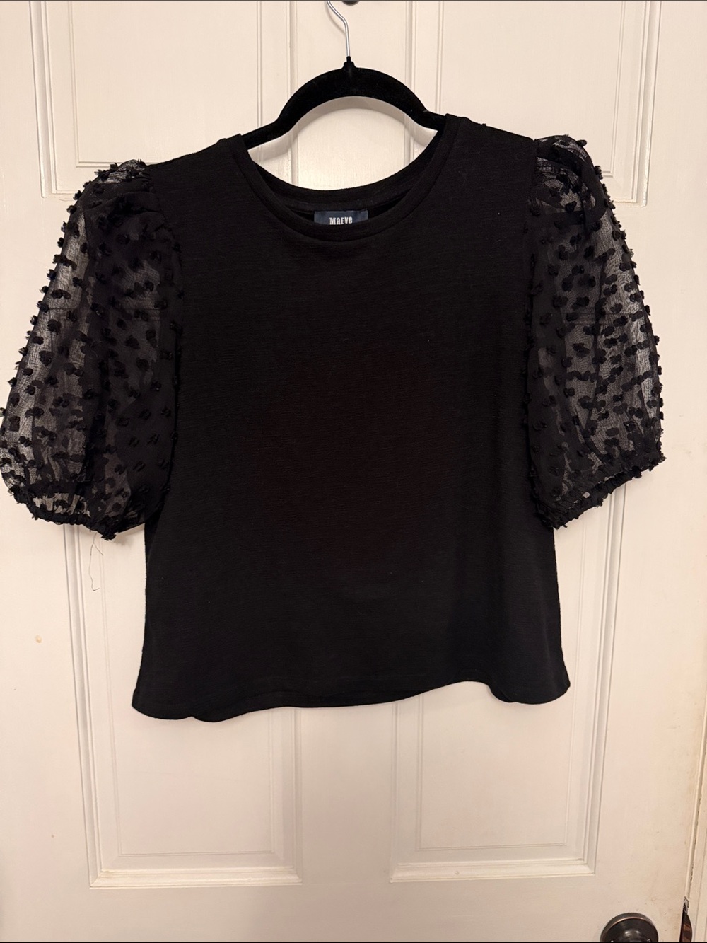 Maeve Black Puff-Sleeve Dot Mesh Tee